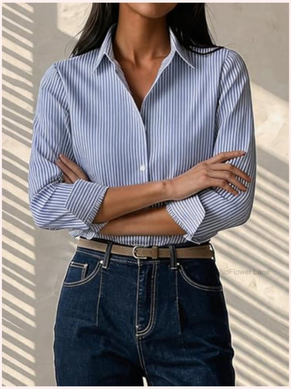 Striped Button Down Long Sleeve Blouse Business Casual Top - Picture 3 of 5